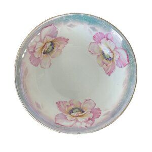 Vintage P H Esska Made in Germany Hand Painted Floral Pink Teal Border Bowl